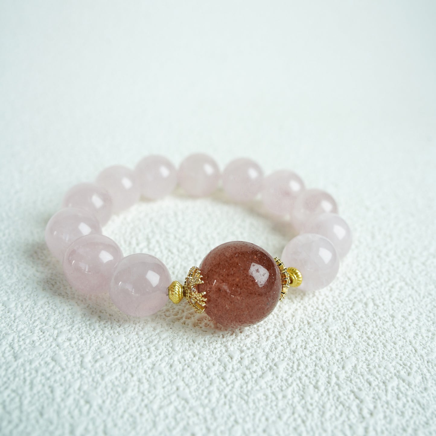 Rose Quartz & Strawberry Quartz Bracelet - 10-12mm with Gold Accents | â Natural Healing Crystals Jewelry â Handmade Natural Crystals|ăEthereal Veilă