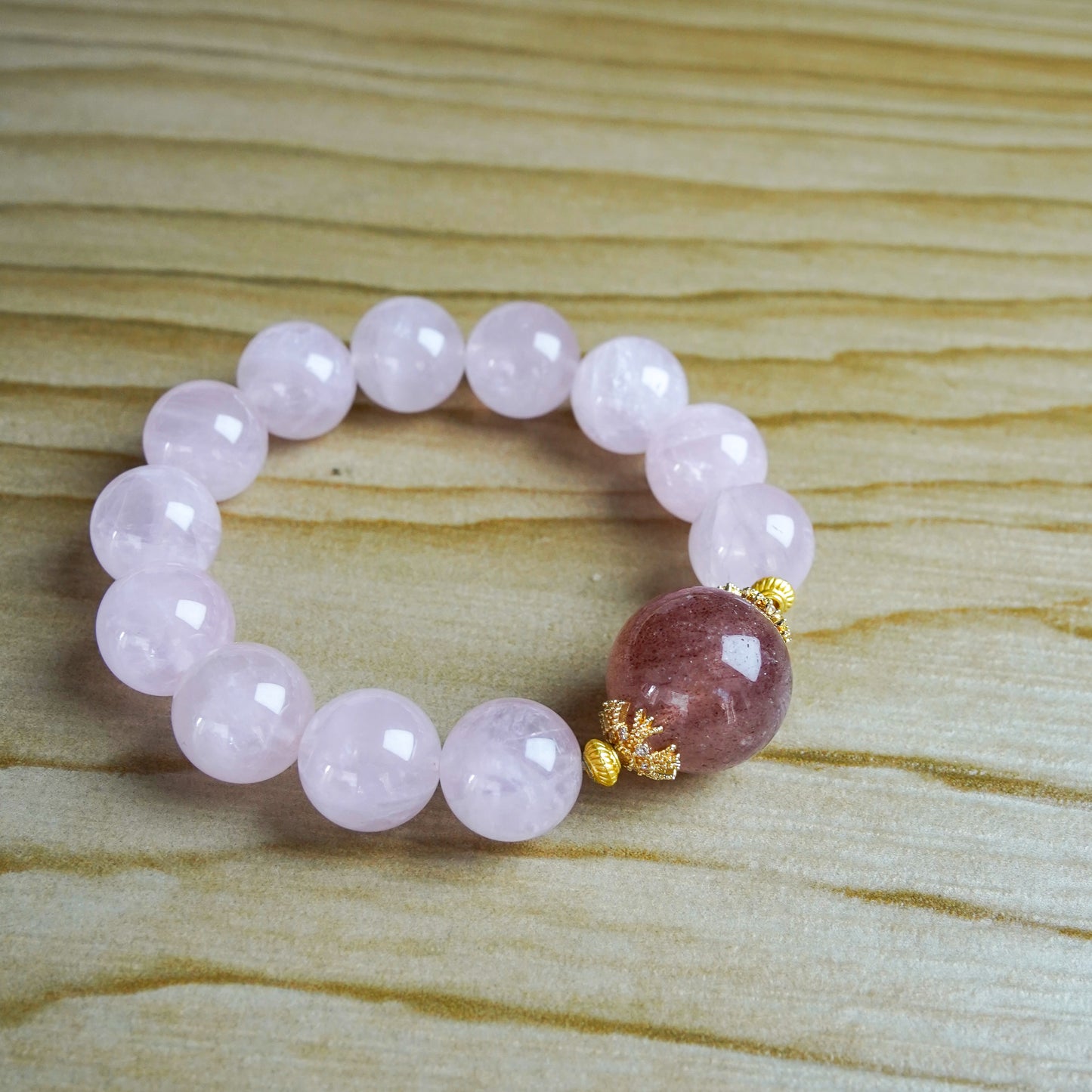 Rose Quartz & Strawberry Quartz Bracelet - 10-12mm with Gold Accents | â Natural Healing Crystals Jewelry â Handmade Natural Crystals|ăEthereal Veilă