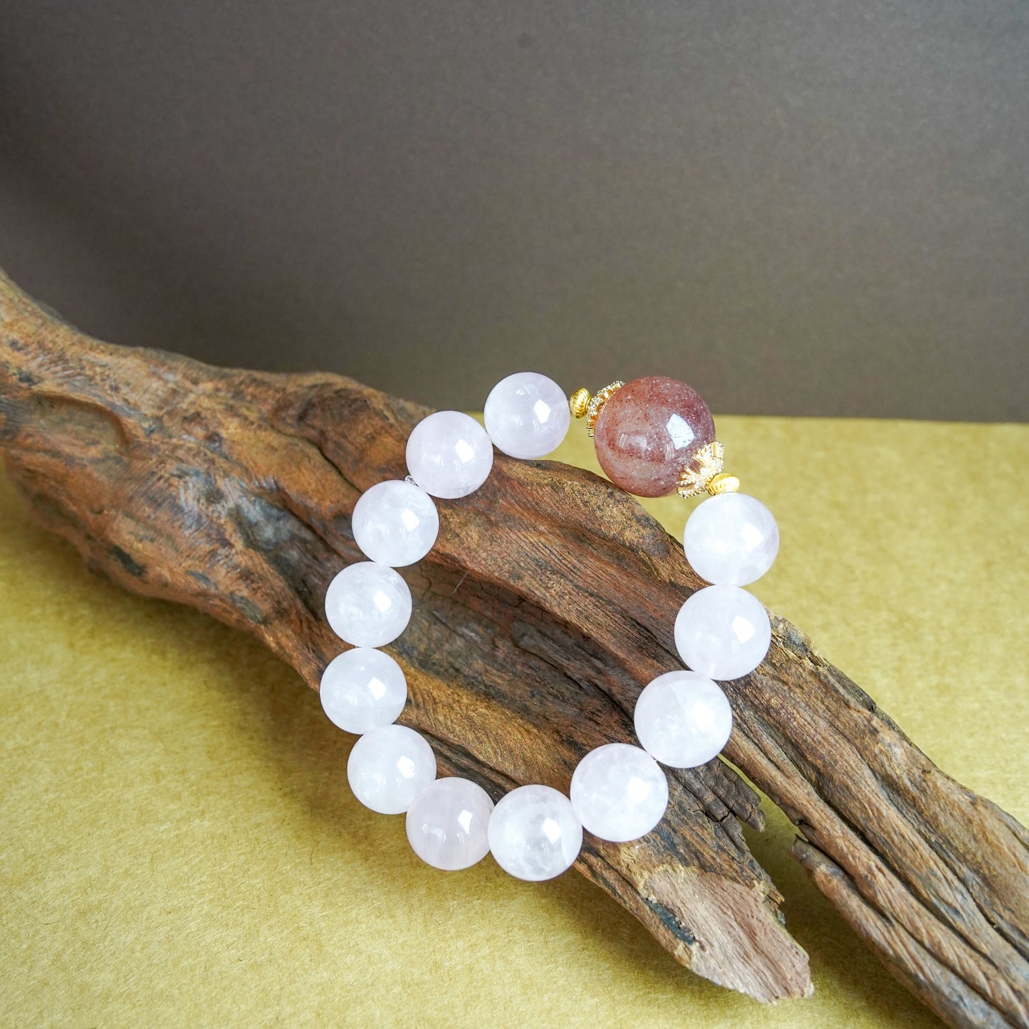 Rose Quartz & Strawberry Quartz Bracelet - 10-12mm with Gold Accents | â Natural Healing Crystals Jewelry â Handmade Natural Crystals|ăEthereal Veilă
