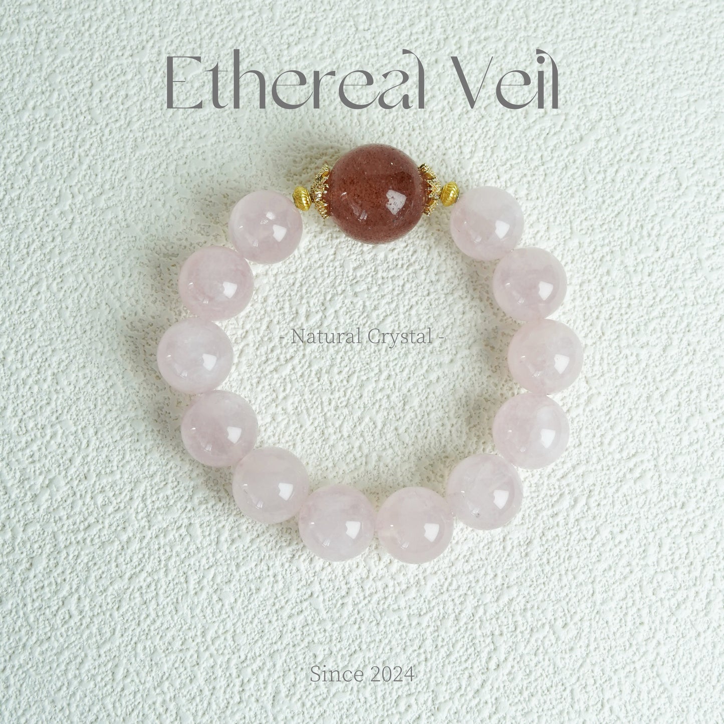 Rose Quartz & Strawberry Quartz Bracelet - 10-12mm with Gold Accents | â Natural Healing Crystals Jewelry â Handmade Natural Crystals|ăEthereal Veilă