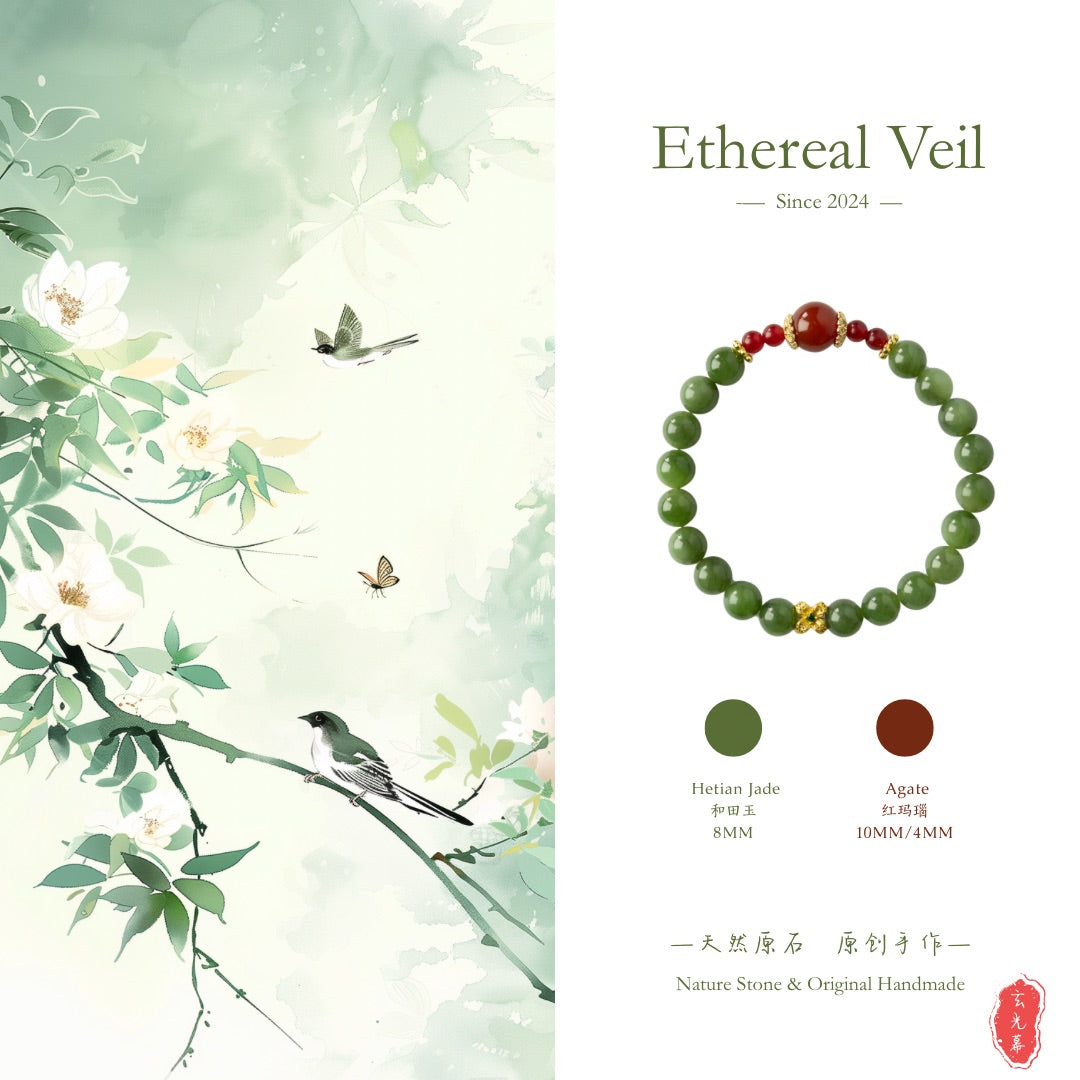 Luxury Hetian Jade & Red Agate Bracelet | 4mm-10mm Beads | Gold Charm– Natural Healing Crystals Jewelry – Handmade Natural Crystals|「Ethereal Veil」