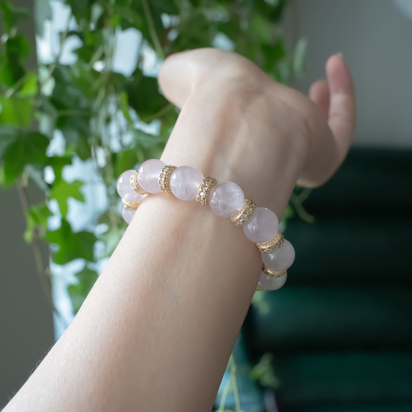 Rose Quartz 12mm Bracelet with Gold Accents | Love & Abundance Jewelry– Natural Healing Crystals Jewelry – Handmade Natural Crystals|「Ethereal Veil」
