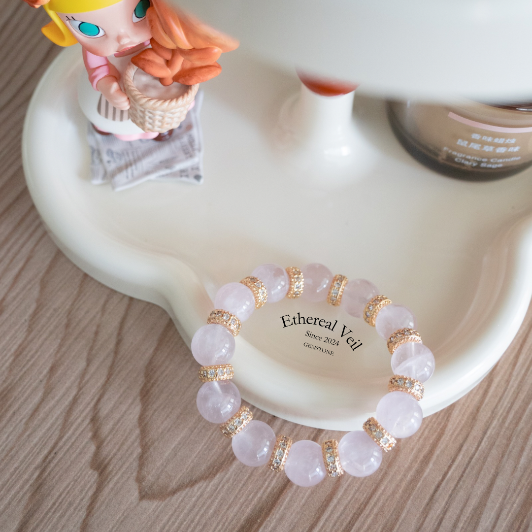 Rose Quartz 12mm Bracelet with Gold Accents | Love & Abundance Jewelry– Natural Healing Crystals Jewelry – Handmade Natural Crystals|「Ethereal Veil」