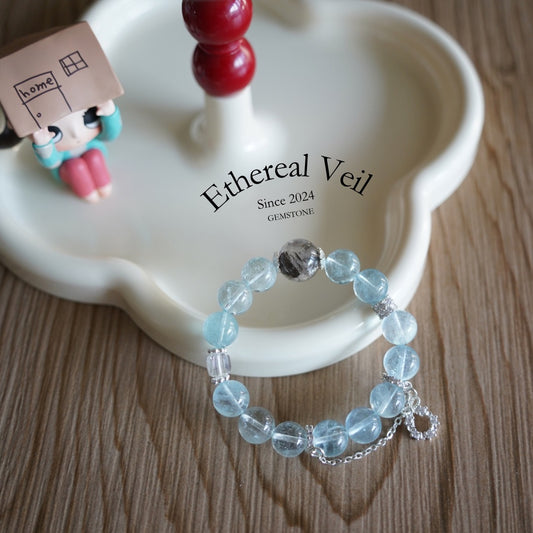 Aquamarine & Mystic Flash Obsidian Bracelet | Silver Accent Healing Stones– Natural Healing Crystals Jewelry – Handmade Natural Crystals|「Ethereal Veil」