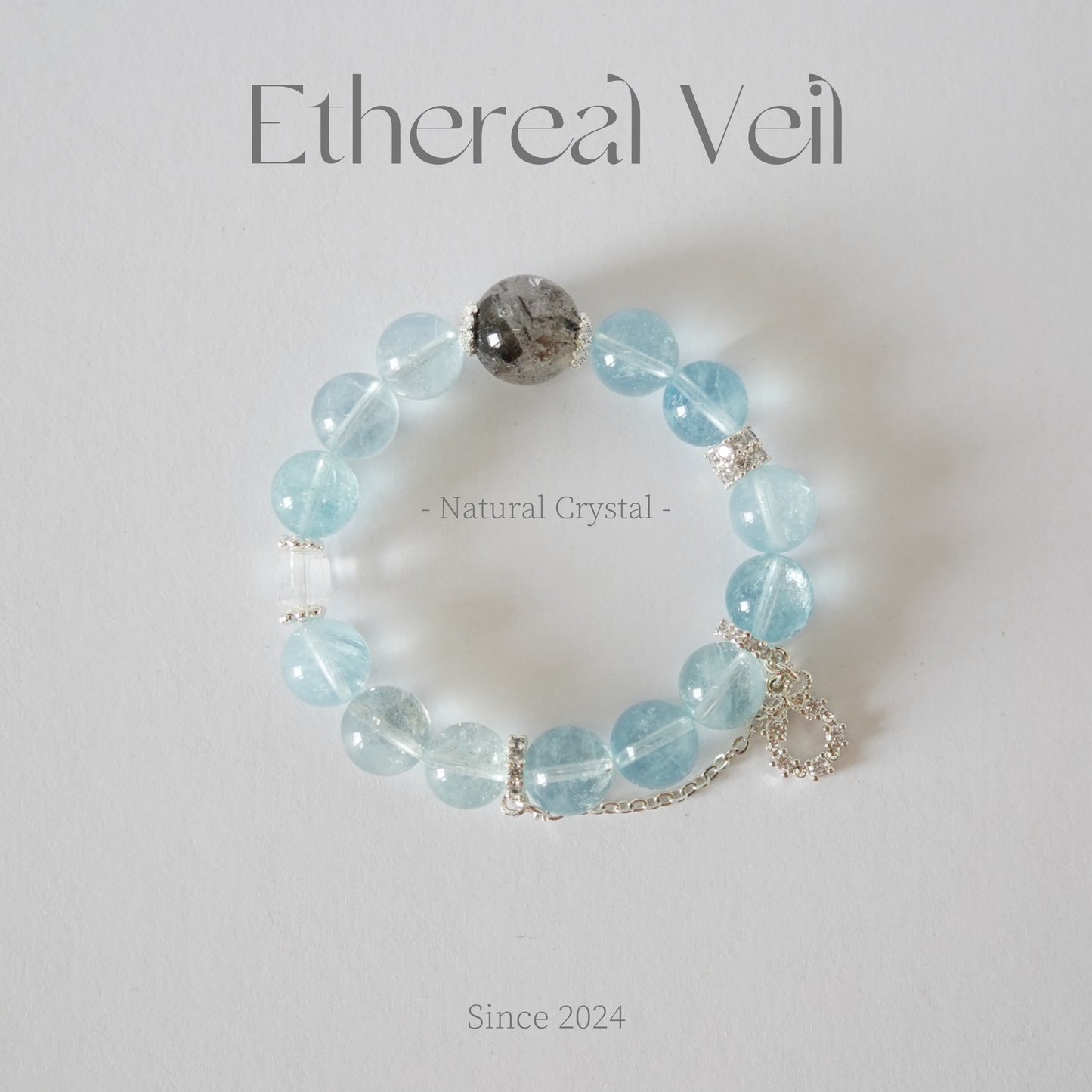 Aquamarine & Mystic Flash Obsidian Bracelet | Silver Accent Healing Stones– Natural Healing Crystals Jewelry – Handmade Natural Crystals|「Ethereal Veil」