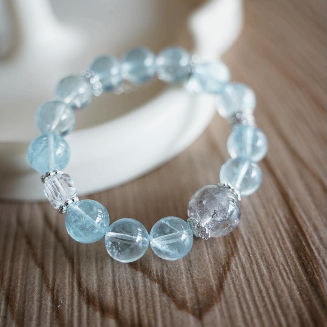 Aquamarine & Mystic Flash Obsidian Bracelet | Silver Accent Healing Stones– Natural Healing Crystals Jewelry – Handmade Natural Crystals|「Ethereal Veil」