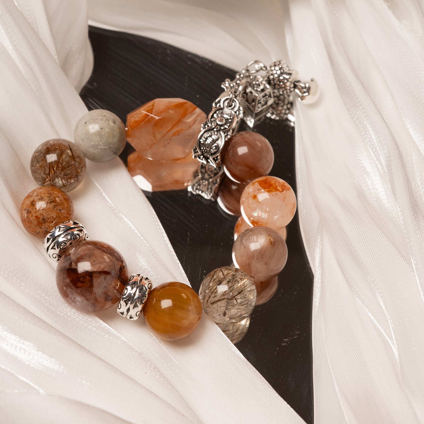 Celestial Power Stack – Super Seven, Garden Phantom & Scarlet Flower Quartz– Natural Healing Crystals Jewelry – Handmade Natural Crystals|「Ethereal Veil」