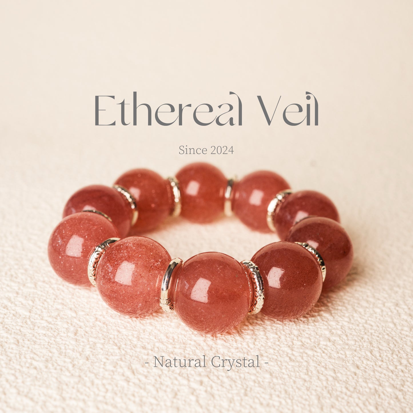 Strawberry Quartz Bracelet – 19MM– Natural Healing Crystals Jewelry – Handmade Natural Crystals|「Ethereal Veil」