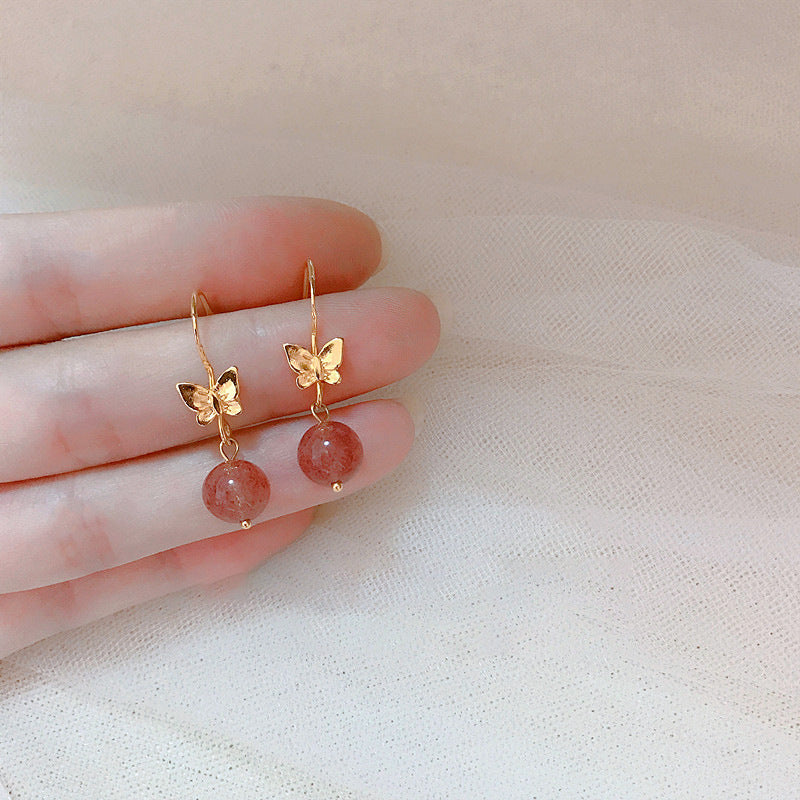 Love Spark Earrings – Natural Strawberry Quartz– Natural Healing Crystals Jewelry – Handmade Natural Crystals|「Ethereal Veil」