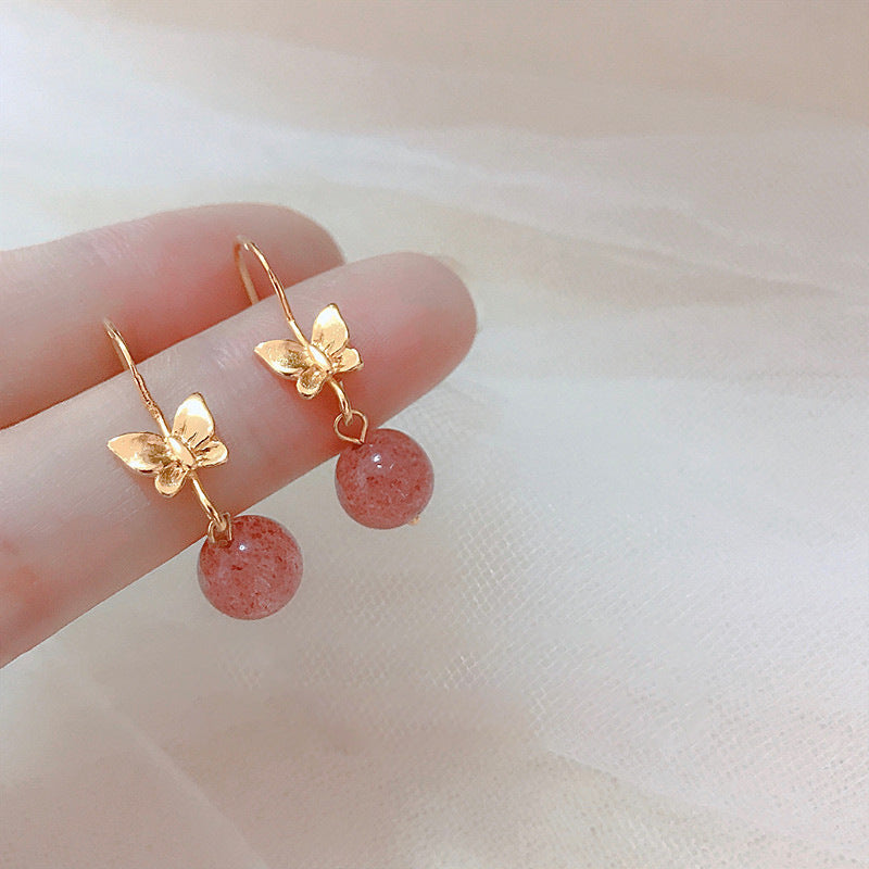 Love Spark Earrings – Natural Strawberry Quartz– Natural Healing Crystals Jewelry – Handmade Natural Crystals|「Ethereal Veil」