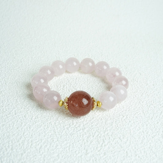Rose Quartz & Strawberry Quartz Bracelet - 10-12mm with Gold Accents | – Natural Healing Crystals Jewelry – Handmade Natural Crystals|「Ethereal Veil」