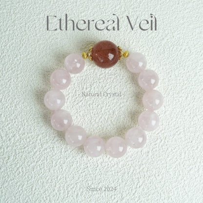 Rose Quartz & Strawberry Quartz Bracelet - 10-12mm with Gold Accents | – Natural Healing Crystals Jewelry – Handmade Natural Crystals|「Ethereal Veil」