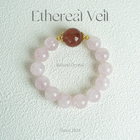 Rose Quartz & Strawberry Quartz Bracelet - 10-12mm with Gold Accents | – Natural Healing Crystals Jewelry – Handmade Natural Crystals|「Ethereal Veil」