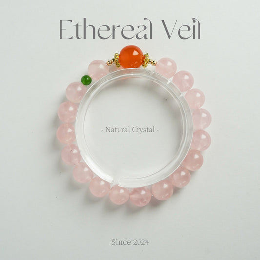 Triple Stone Healing Bracelet – Rose Quartz + Red Agate + Nephrite Jade - 10-13mm | Natural Healing Crystals Jewelry – Handmade Natural Crystals|「Ethereal Veil」