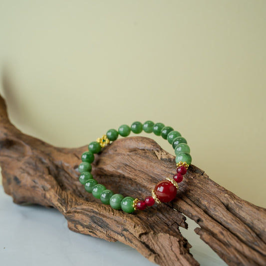 Luxury Hetian Jade & Red Agate Bracelet  | 4mm-10mm Beads | Gold Charm– Natural Healing Crystals Jewelry – Handmade Natural Crystals|「Ethereal Veil」