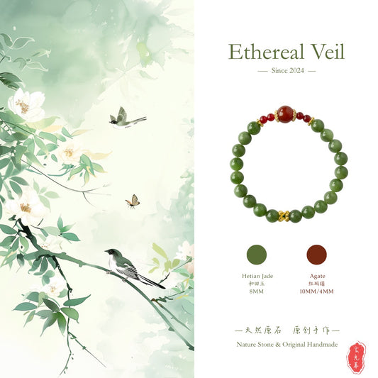 Luxury Hetian Jade & Red Agate Bracelet  | 4mm-10mm Beads | Gold Charm– Natural Healing Crystals Jewelry – Handmade Natural Crystals|「Ethereal Veil」