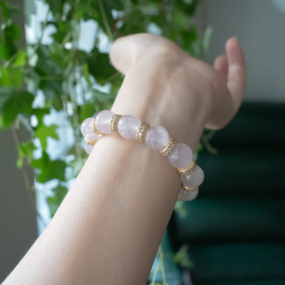 Rose Quartz 12mm Bracelet with Gold Accents | Love & Abundance Jewelry– Natural Healing Crystals Jewelry – Handmade Natural Crystals|「Ethereal Veil」