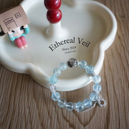 Aquamarine & Mystic Flash Obsidian Bracelet  | Silver Accent Healing Stones– Natural Healing Crystals Jewelry – Handmade Natural Crystals|「Ethereal Veil」