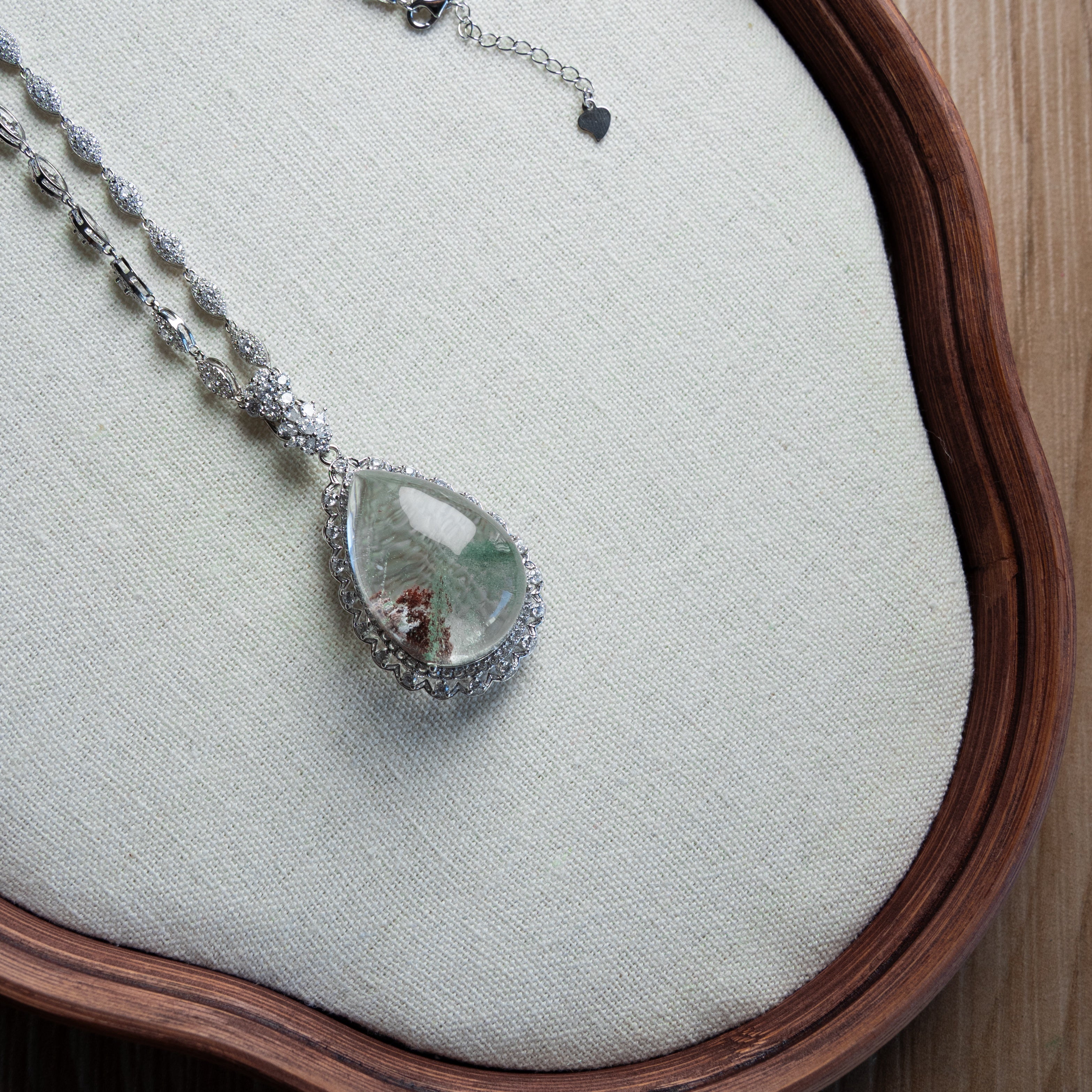 One-of-a-Kind Green Phantom Mountain Necklace | Natural “Little-Hill” Crystal Pendant in 925 Sterling Silver (S925) – Rare Collector Jewelry