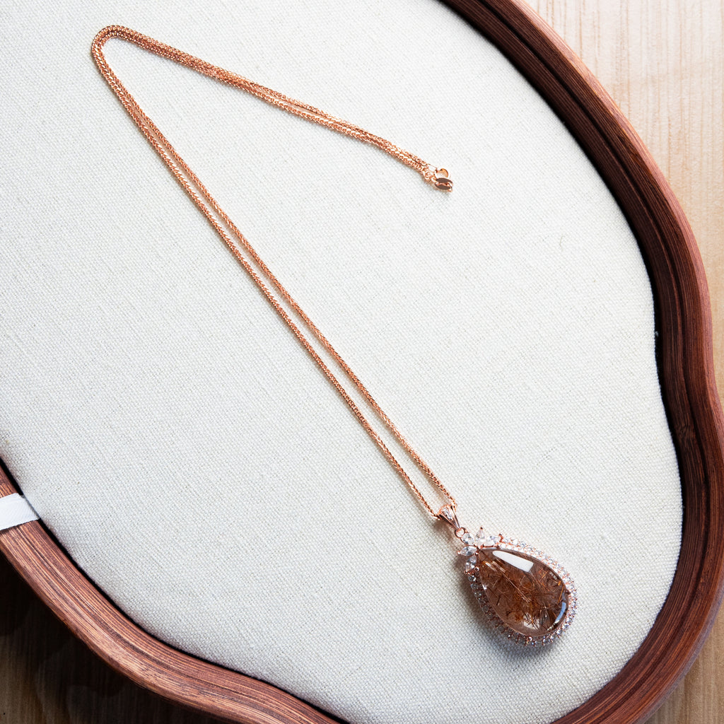 One-of-a-Kind Golden Rutilated Quartz Necklace | Hand-Selected Natural Crystal Pendant in 925 Sterling Silver (S925) – Luxury Energy Jewelry for Wealth & Confidence