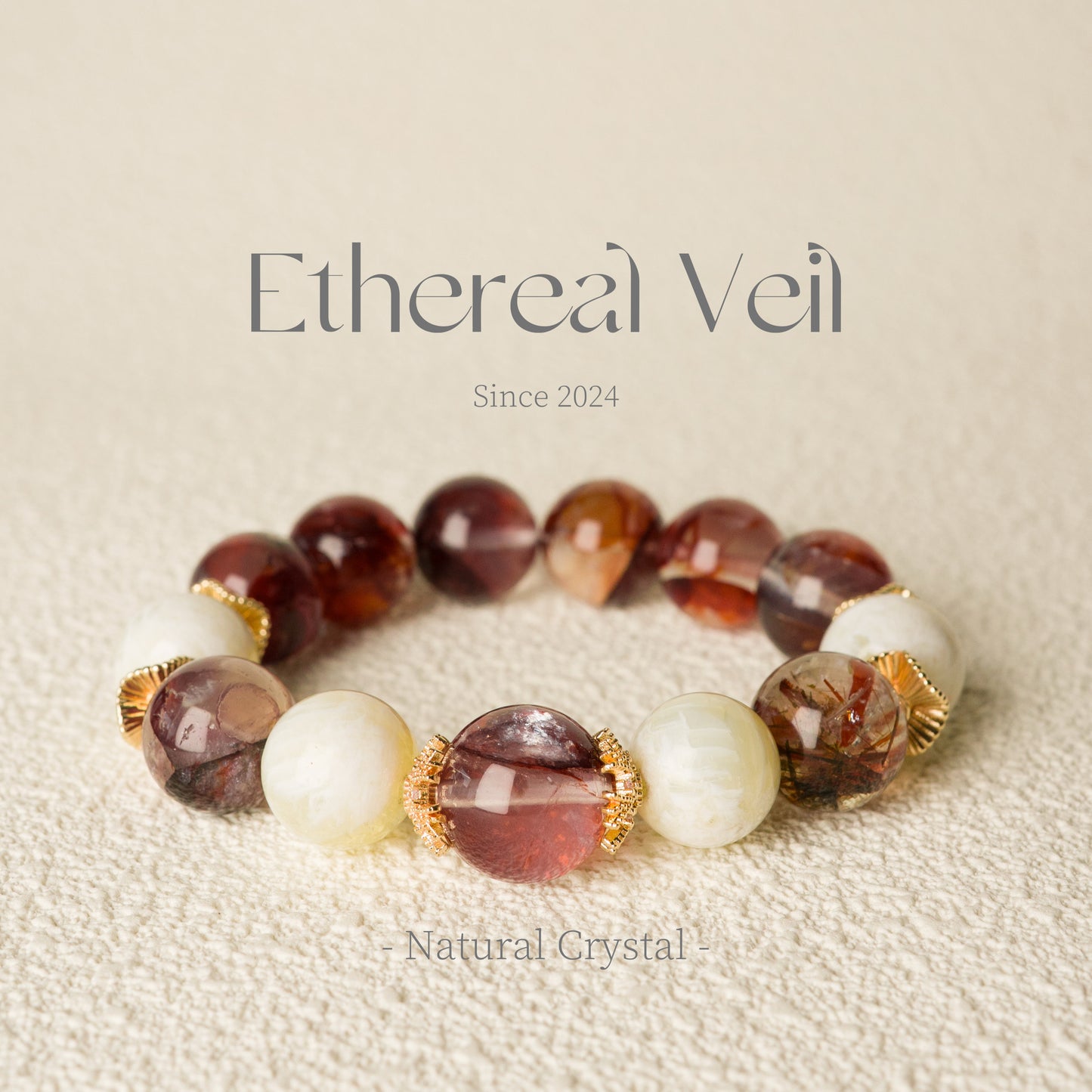 Red Rutilated Quartz Bracelet – 12MM– Natural Healing Crystals Jewelry – Handmade Natural Crystals|「Ethereal Veil」