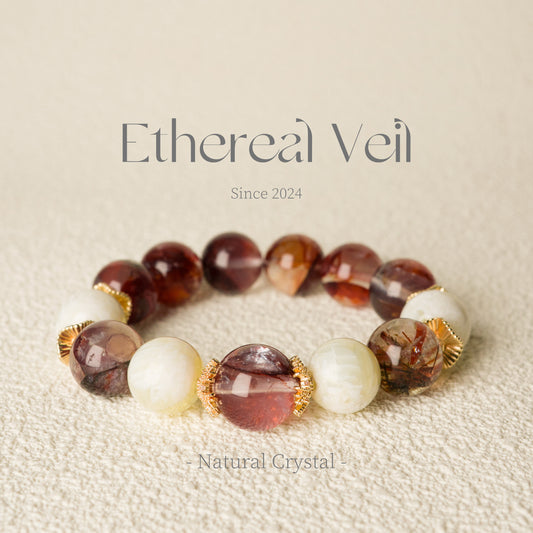 Red Rutilated Quartz Bracelet – 12MM– Natural Healing Crystals Jewelry – Handmade Natural Crystals|「Ethereal Veil」