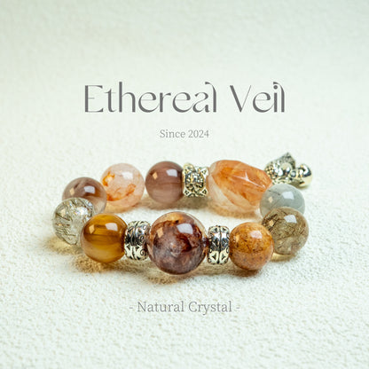 Celestial Power Stack – Super Seven, Garden Phantom & Scarlet Flower Quartz– Natural Healing Crystals Jewelry – Handmade Natural Crystals|「Ethereal Veil」