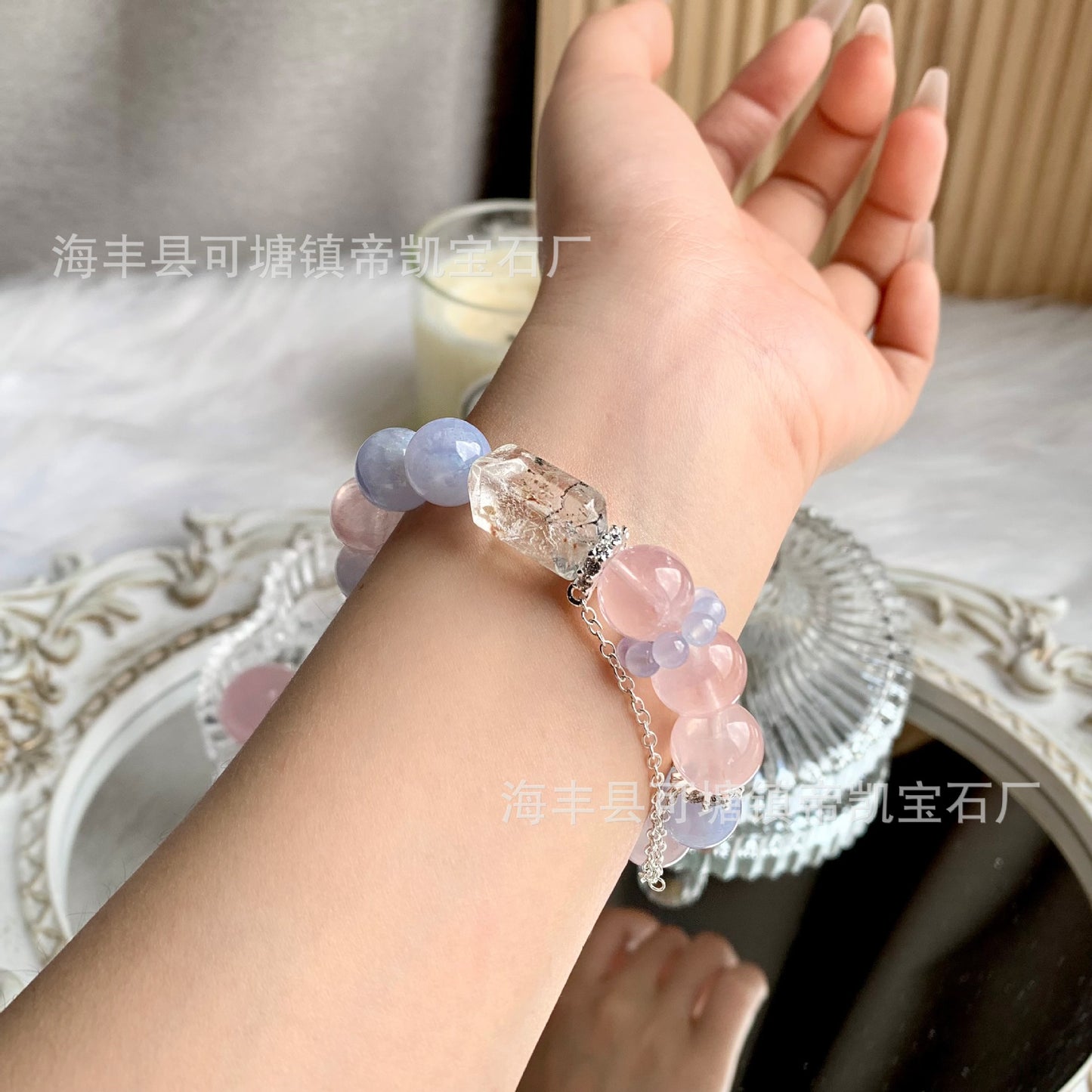Heart & Voice Bracelet – Rose Quartz + Aquamarine – Natural Healing Crystals Jewelry – Handmade Natural Crystals|「Ethereal Veil」