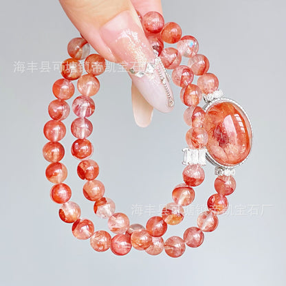 Vital Bloom – 6MM Red Flower Quartz Double-Wrap Bracelet– Natural Healing Crystals Jewelry – Handmade Natural Crystals|「Ethereal Veil」