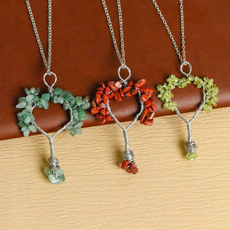 Hand-Wrapped Crystal Tree Christmas Necklace | Natural Stone Chips Wire-Art Pendant for Holiday Magic & Healing Energy