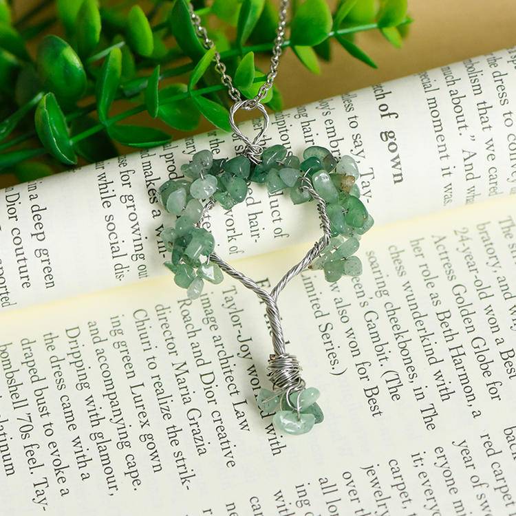 Hand-Wrapped Crystal Tree Christmas Necklace | Natural Stone Chips Wire-Art Pendant for Holiday Magic & Healing Energy