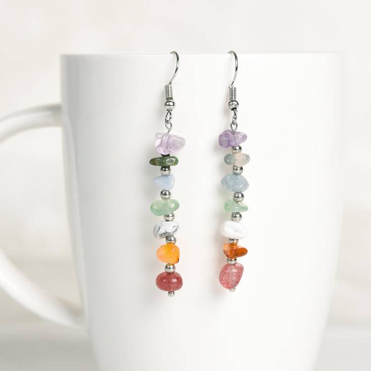 7 Chakra Long Drop Earrings | Natural Rainbow Crystal Chip Stone Earrings for Energy Balance, Healing & Boho Minimalist Style